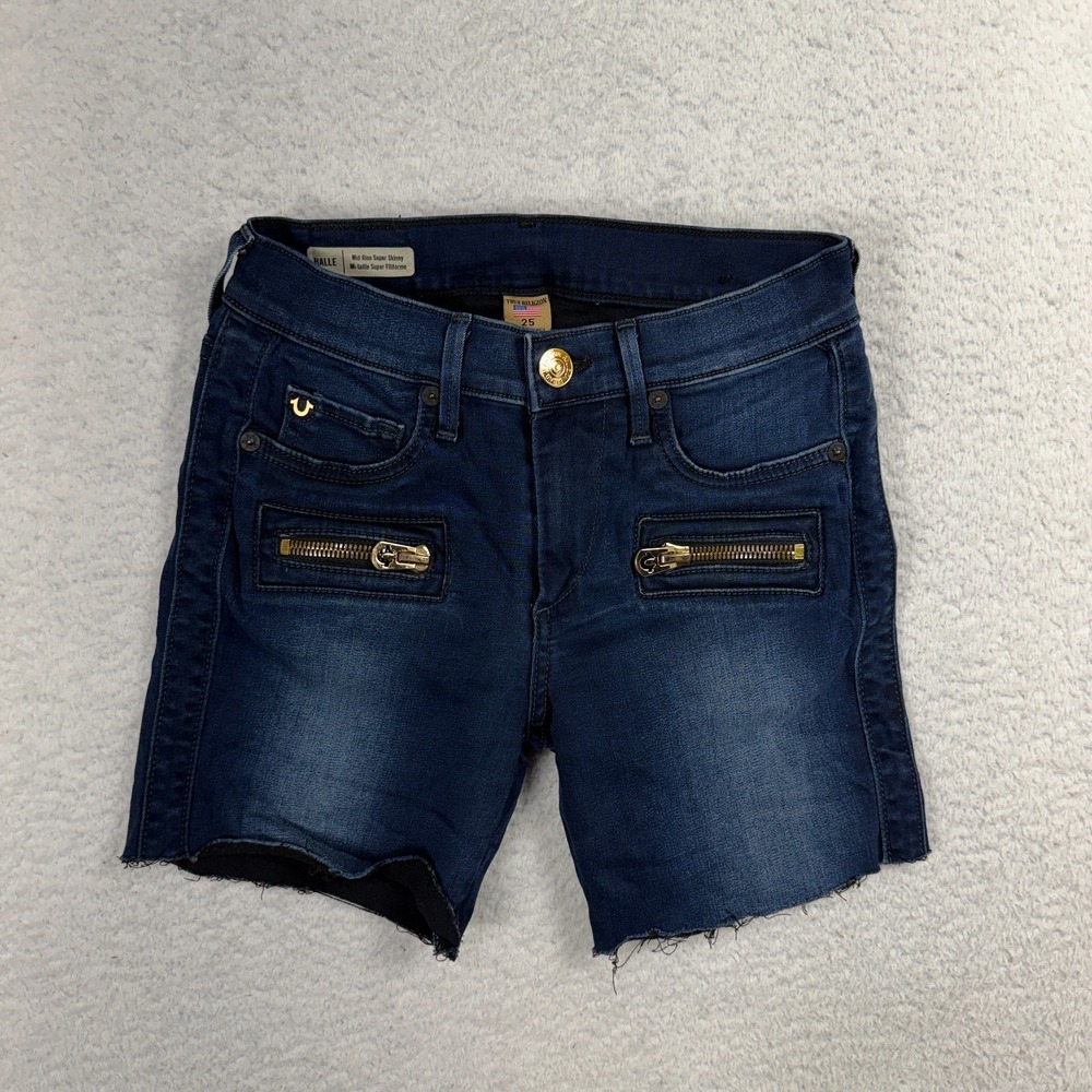 True Religion Halle Mid Rise Super Skinny Jean Shorts Womens 25 W23 Cut Off Blue